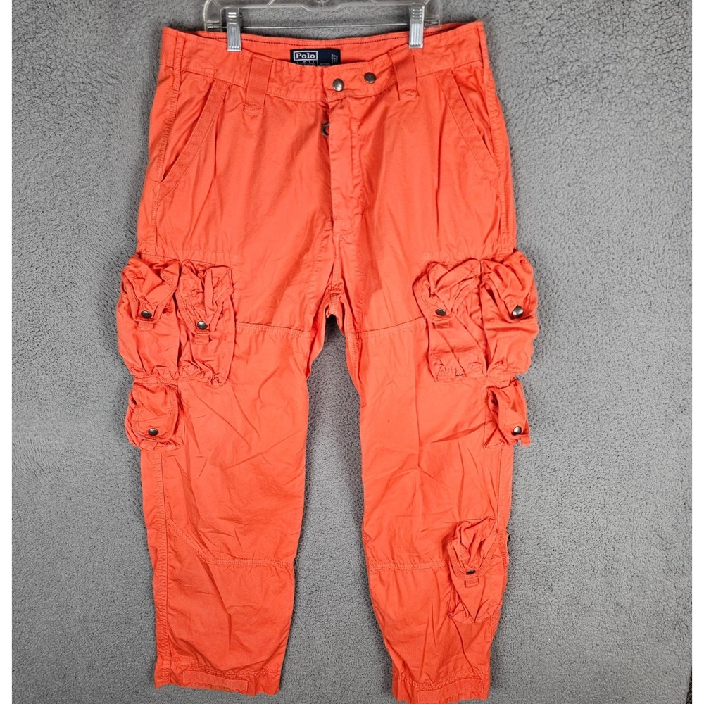 Polo Ralph Lauren Cargo Pants Men 34x30 Orange Multi Pocket Utility Military VTG